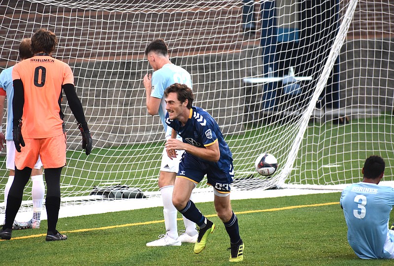 Staff photo by Patrick MacCoon / Chattanooga FC's Ian McGrath celebrates his early score during Saturday's home match against Soda City FC.