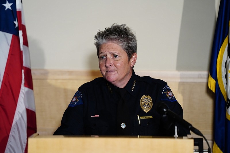 FILE - In this July 3, 2020, file photo, Aurora Police Department Interim Chief Vanessa Wilson speaks during a news conference in Aurora, Colo. Wilson was picked to be the chief of the Aurora Police Department in a 10-1 vote Monday night, Aug. 3 becoming the first woman to hold the job, after competing with three other nationwide finalists to lead the agency in Colorado's third largest city, a diverse community east of Denver. (Philip B. Poston/Sentinel Colorado via AP, File)