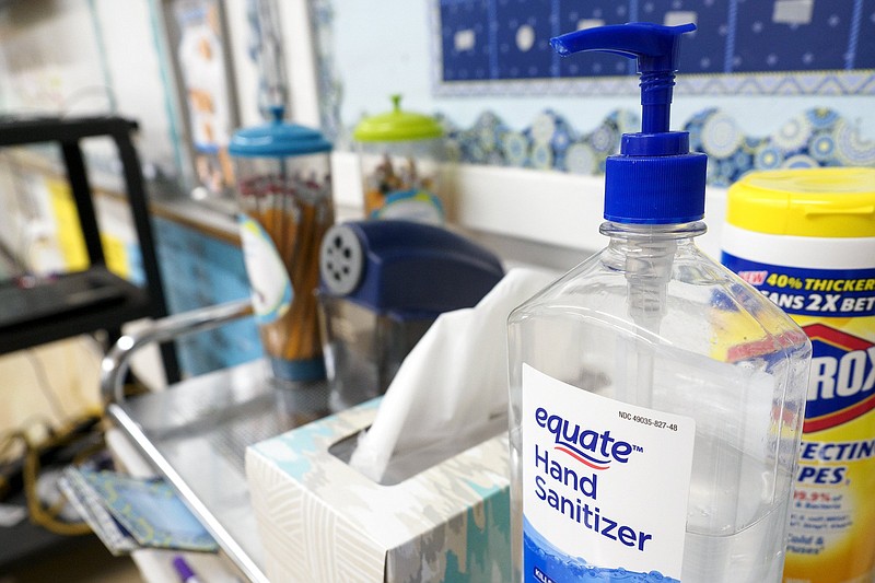 Staff photo by C.B. Schmelter / Hand sanitizer and cleaning supplies are seen in second-grade teacher Jennifer Smith's classroom as she prepares for the upcoming school year at Rivermont Elementary on Thursday, July 30, 2020 in Chattanooga, Tenn.