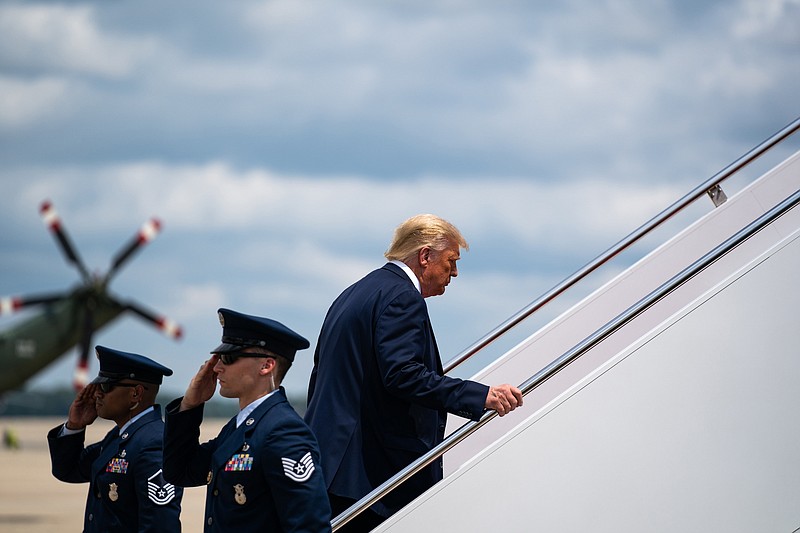 Photo by Anna Moneymaker of The New York Times / President Donald Trump boards Air Force One at Joint Base Andrews, Maryland, before traveling to Clyde, Ohio, on Aug. 6, 2020.