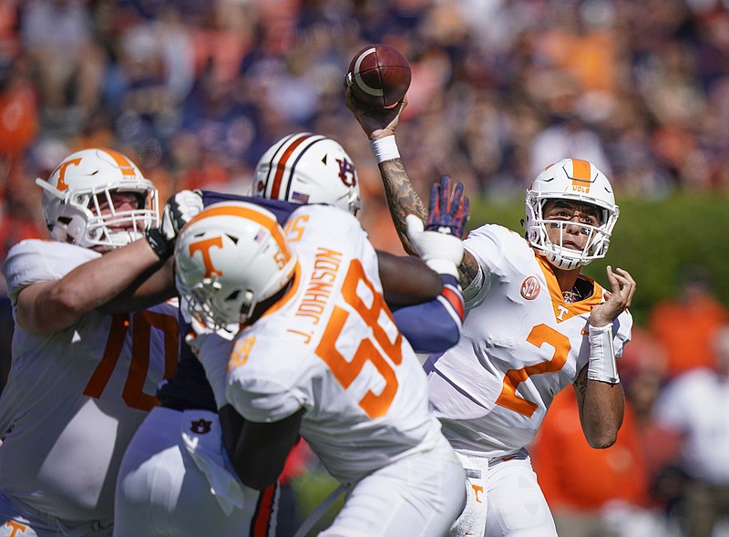 Photo by Patrick Murphy-Racey / Tennessee quarterback Jarrett Guarantano throws as his offensive line tries to keep the pocket from collapsing against Auburn during an SEC matchup on Oct. 13, 2018. The Vols upset the 21st-ranked Tigers 30-24 that day in Alabama, ending a streak of 11 straight league losses and giving Jeremy Pruitt a big win in his first season as coach. Auburn and Tennessee will meet this season as one of the added matchups for the SEC's 10-game conference-only schedule.