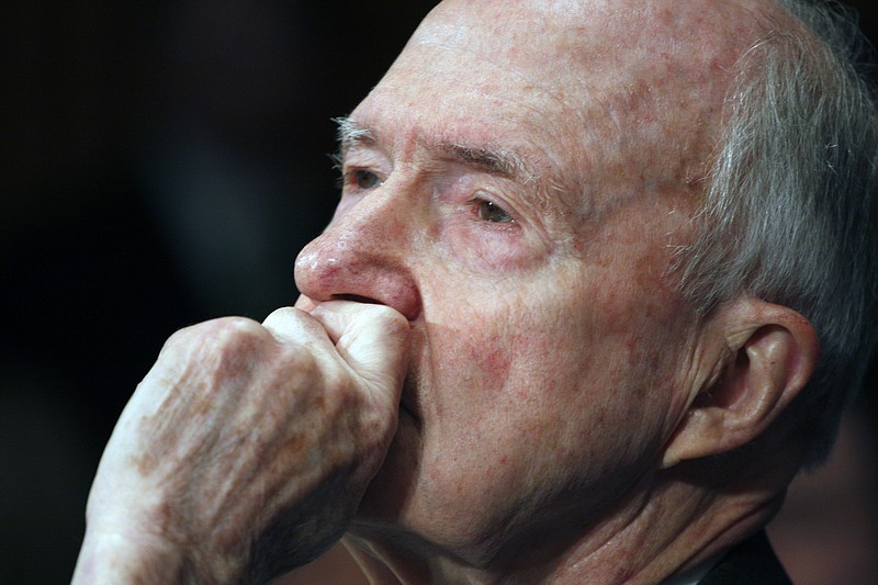 In this March 5, 2009 file photo, former National Security Adviser Brent Scowcroft testifies on Capitol Hill in Washington. A longtime adviser to Presidents Gerald Ford and George H.W. Bush has died. Brent Scowcroft was 95. A spokesperson for the late President Bush says Scowcroft died Thursday of natural causes at his home in Falls Church, Virginia. (AP Photo/Harry Hamburg)