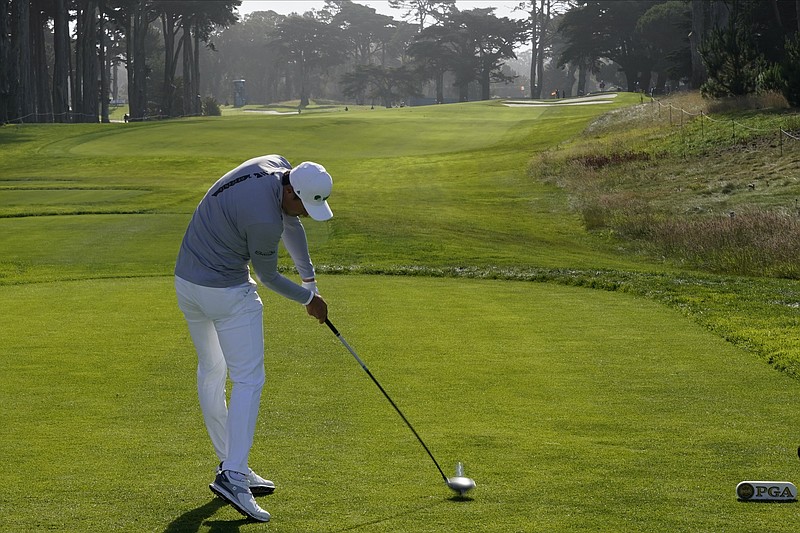 AP photo by Charlie Riedel / Li Haotong tees off on the 10th hole at TPC Harding Park during the second round of the PGA Championship on Friday in San Francisco.