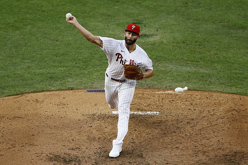 AP photo by Matt Slocum / Jake Arrieta pitches for the Philadelphia Phillies during the fourth inning of Saturday night's game against the Atlanta Braves. Arrieta was sharp in a 5-0 win.