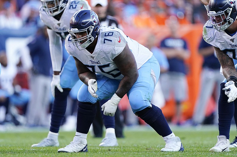 AP photo by Jack Dempsey / Tennessee Titans offensive guard Rodger Saffold gets set during a road game against the Denver Broncos on Oct. 13, 2019.