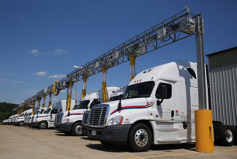 Staff photo by Erin O. Smith / Trucks sit in a IdleAir system terminal Friday, May 26, 2017, at Covenant Transport in Chattanooga.