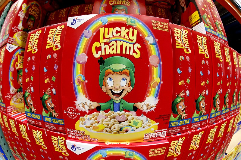 This is a display of General Mills Lucky Charms cereal at a Costco Warehouse in Robinson Township, Pa., on Thursday, May 14, 2020. (AP Photo/Gene J. Puskar)