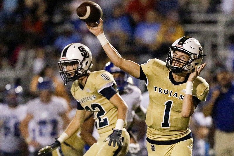 Staff file photo by C.B. Schmelter / Soddy-Daisy quarterback Isaac Barnes (1) enters his senior season as the trusted leader of the Trojans' talented offense after passing for more than 2,200 yards in 2019. The Trojans are coming off back-to-back Region 4-5A titles, but coach Justin Barnes said that means nothing where this season is concerned.