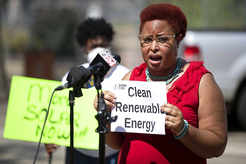 Marquita Bradshaw, environmental justice chair of the Sierra Club Chickasaw Group, speaks July 7, 2020, during a news conference in front of City Hall in downtown Memphis, Tenn. (Max Gersh/The Commercial Appeal via AP)