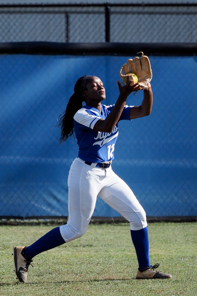 Staff photo by C.B. Schmelter / Ringgold's Amber Gainer (12) catches a pop fly for an out against Coahulla Creek at Ringgold High School's Hazel Brown Field on Tuesday, Aug. 18, 2020 in Ringgold, Ga.