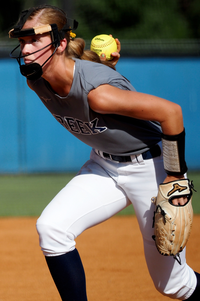 Staff photo by C.B. Schmelter / Coahulla Creek's Sophia Voyles (21) pitches against Ringgold at Ringgold High School's Hazel Brown Field on Tuesday, Aug. 18, 2020 in Ringgold, Ga.