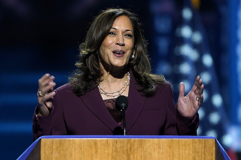 Democratic vice presidential candidate Sen. Kamala Harris, D-Calif., speaks during the third day of the Democratic National Convention, Wednesday, Aug. 19, 2020, at the Chase Center in Wilmington, Del. (AP Photo/Carolyn Kaster)