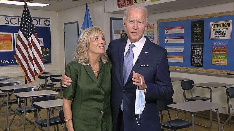 Photo from the Democratic National Convention via The Associated Press / In this image from video, Jill Biden is joined by her husband, Democratic presidential candidate former Vice President Joe Biden, after speaking during the second night of the Democratic National Convention on Tuesday, Aug. 18, 2020.