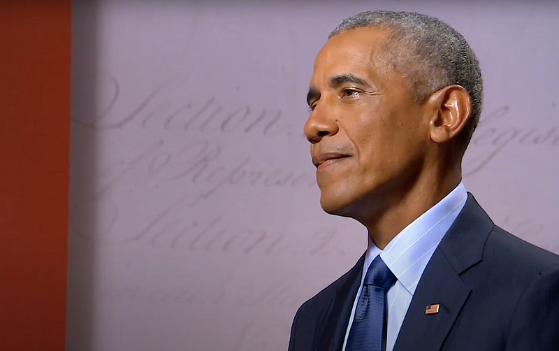 Democratic National Committee via The New York Times / Former President Barack Obama addresses the Democratic National Convention via video on Wednesday in Philadelphia.