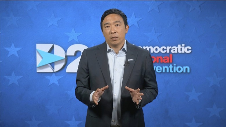 In this image from video, Andrew Yang speaks during the fourth night of the Democratic National Convention on Thursday, Aug. 20, 2020. (Democratic National Convention via AP)