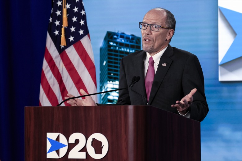Democratic National Committee Chairman Tom Perez addresses the final night of the virtual 2020 Democratic National Convention, Thursday, Aug. 20, 2020 in Milwaukee, Wisc. (Tannen Maury/Pool via AP)