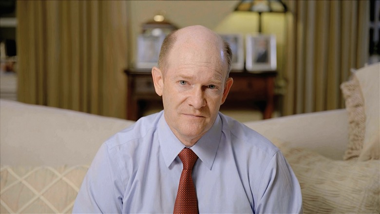 In this image from video, Sen. Chris Coons, D-Del., speaks during the fourth night of the Democratic National Convention on Thursday, Aug. 20, 2020. (Democratic National Convention via AP)