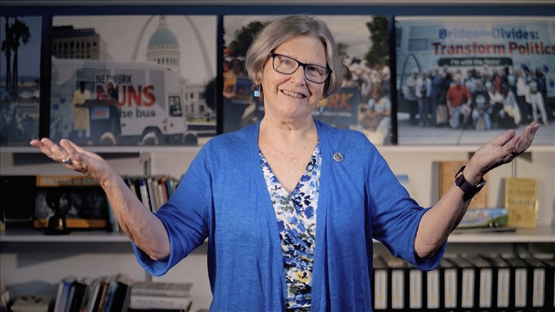 In this image from video, Sister Simone Campbell gives the opening prayer during the fourth night of the Democratic National Convention on Thursday, Aug. 20, 2020. (Democratic National Convention via AP)