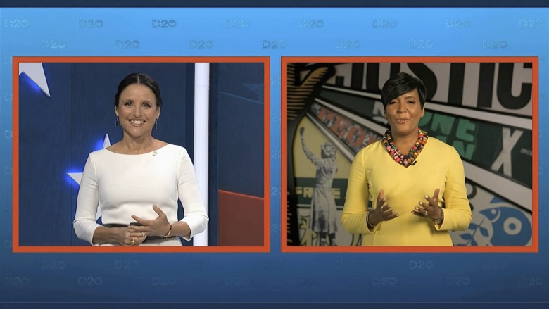 In this image from video, Atlanta Mayor Keisha Lance Bottoms talks with Julia Louis-Dreyfus, serving as moderator, during the fourth night of the Democratic National Convention on Thursday, Aug. 20, 2020. (Democratic National Convention via AP)