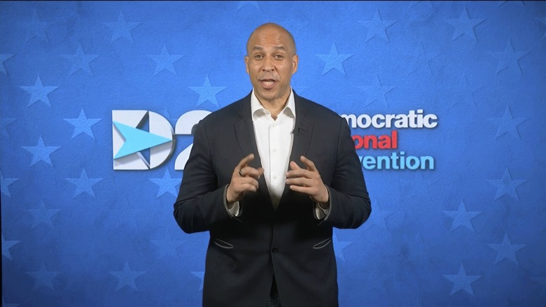 In this image from video, Sen. Cory Booker, D-N.J., speaks during the fourth night of the Democratic National Convention on Thursday, Aug. 20, 2020. (Democratic National Convention via AP)