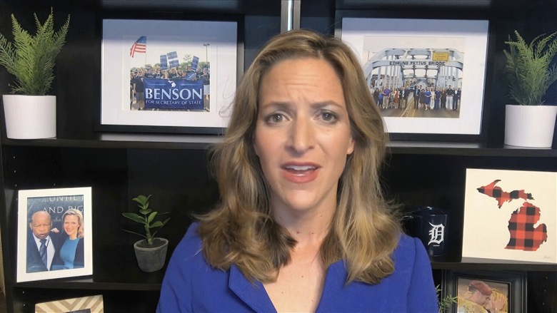 In this image from video, Michigan Secretary of State Jocelyn Benson speaks during the fourth night of the Democratic National Convention on Thursday, Aug. 20, 2020. (Democratic National Convention via AP)