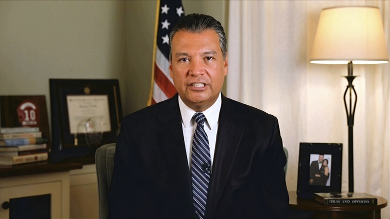 In this image from video, California Secretary of State Alex Padilla speaks during the fourth night of the Democratic National Convention on Thursday, Aug. 20, 2020. (Democratic National Convention via AP)