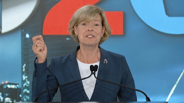 In this image from video, Sen. Tammy Baldwin, D-Wis., speaks during the fourth night of the Democratic National Convention on Thursday, Aug. 20, 2020. (Democratic National Convention via AP)