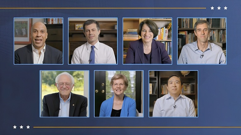 In this image from video, former Democratic presidential candidates Sen. Cory Booker, D-N.J., Sen. Elizabeth Warren, D-Mass., Sen. Bernie Sanders, I-Vt., Sen. Amy Klobuchar, D-Minn, former South Bend Mayor Pete Buttigieg, former Texas Rep. Beto O'Rourke and Andrew Yang, talk during the fourth night of the Democratic National Convention on Thursday, Aug. 20, 2020. (Democratic National Convention via AP)