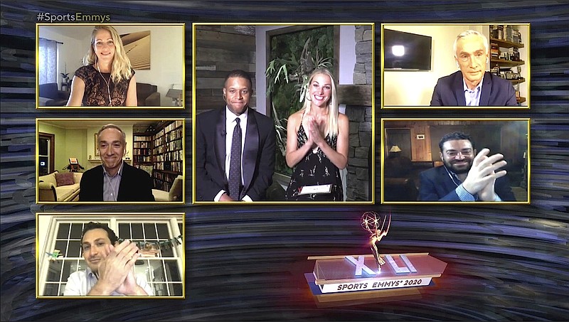 This image released by National Academy of Television Arts & Sciences (NATAS) shows presenters Craig Melvin and Lindsay Czarniak, center, and nominees for outstanding sports journalism, clockwise from top left, Nicole Noren, Jorge Ramos, Josh Fine, Jake Rosenwasser and Greg Amante during the 41st Sports Emmy Awards Ceremony, honoring TV's best sports coverage. (NATAS via AP)