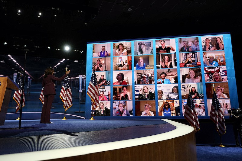 Democratic vice presidential candidate Sen. Kamala Harris, D-Calif., waves to supporters after she spoke during the third day of the Democratic National Convention, Wednesday, Aug. 19, 2020, at the Chase Center in Wilmington, Del. (AP Photo/Carolyn Kaster)