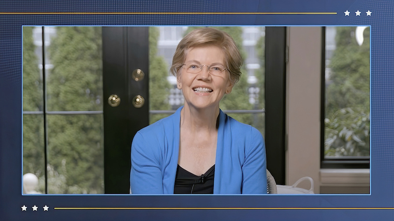 In this image from video, Sen. Elizabeth Warren, D-Mass., speaks during the fourth night of the Democratic National Convention on Thursday, Aug. 20, 2020. (Democratic National Convention via AP)