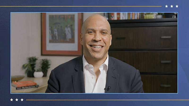 In this image from video, Sen. Cory Booker, D-N.J., speaks during the fourth night of the Democratic National Convention on Thursday, Aug. 20, 2020. (Democratic National Convention via AP)