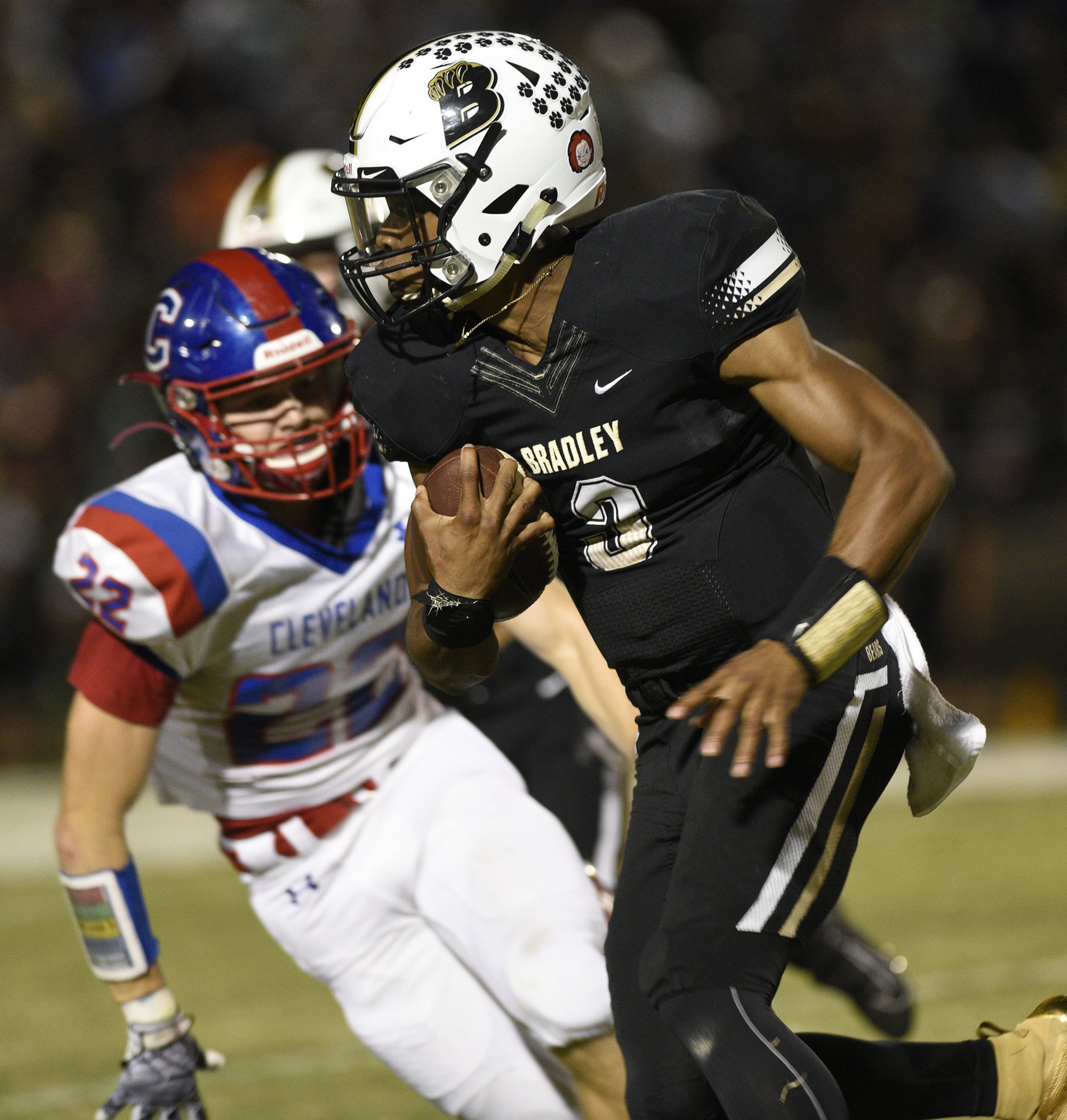 Staff Photo by Robin Rudd/ Bradley's Javin Burke (3) picks up yardage. The Cleveland Blue Raiders visited the Bradley Central Bears in a TSSAA rivalry game on October 4, 2019.