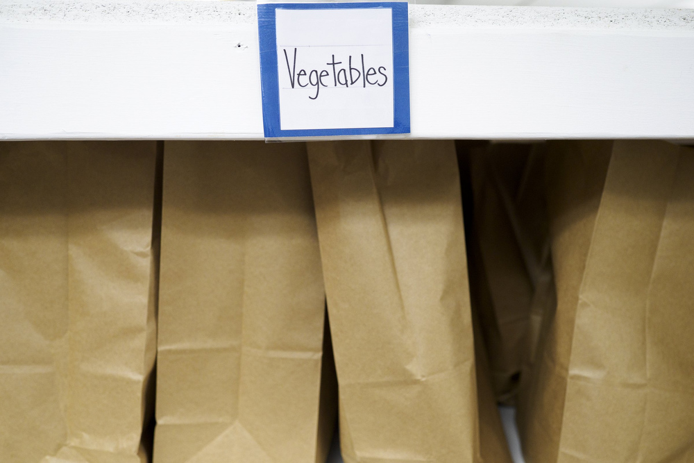 Staff photo by C.B. Schmelter / Bags are seen stacked up at Red Bank United Methodist Church on Thursday, Aug. 20, 2020 in Chattanooga, Tenn.