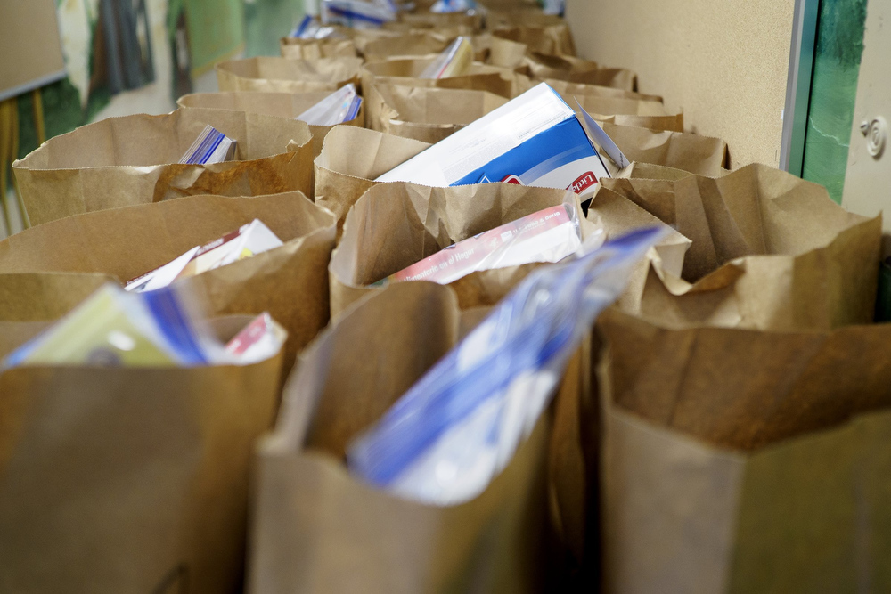 Staff photo by C.B. Schmelter / Bags of food to be distributed by the Red Bank Community Food Pantry are seen at Red Bank United Methodist Church on Thursday, Aug. 20, 2020 in Chattanooga, Tenn.