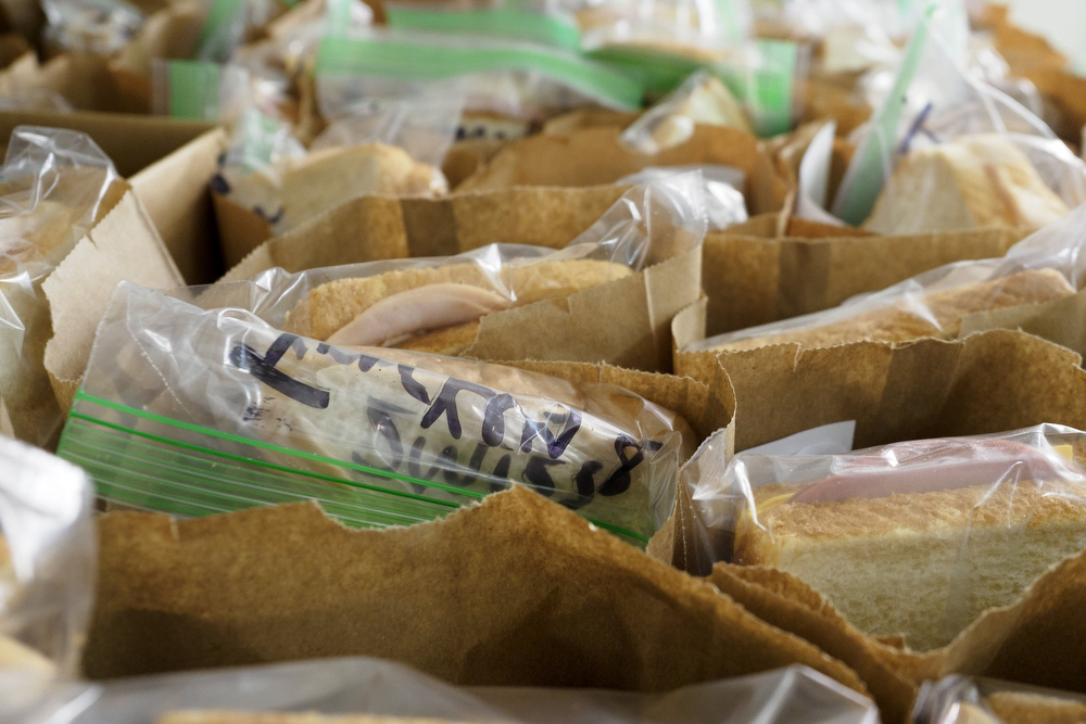 Staff photo by C.B. Schmelter / Bags of food to be distributed by the Red Bank Community Food Pantry are seen at Red Bank United Methodist Church on Thursday, Aug. 20, 2020 in Chattanooga, Tenn.