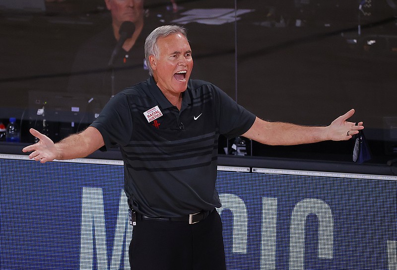 AP photo by Kevin C. Cox / Houston Rockets coach Mike D'Antoni reacts during the fourth quarter of Game 2 of his team's first-round playoff series against the Oklahoma City Thunder on Thursday in Lake Buena Vista, Fla.