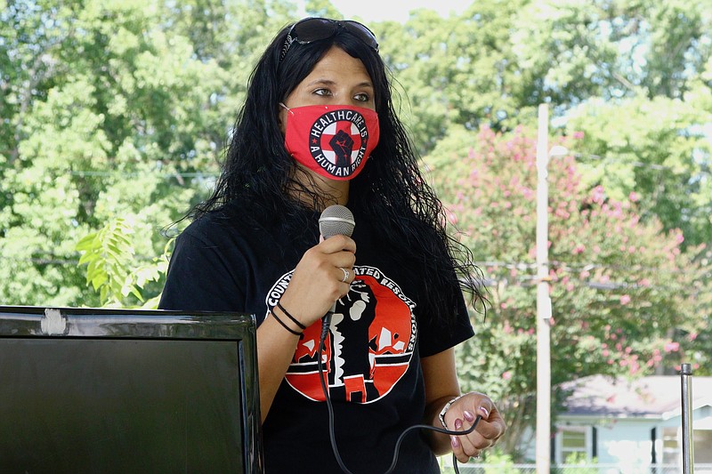 Staff photo by Wyatt Massey / Tiffani Dailey, a founder of Bradley County Incarcerated Resolutions, speaks during a rally for jail reform in Mosby Park in Cleveland, Tennessee on Aug. 22.