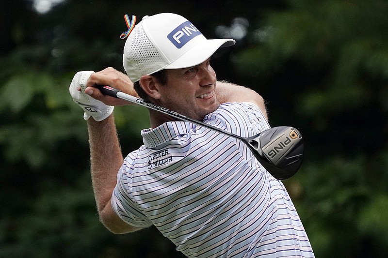 AP photo by Charles Krupa / Former Baylor School standout Harris English tees off on the ninth hole at TPC Boston during the third round of The Northern Trust on Saturday in Norton, Mass. English was tied for second but five shots out of the lead entering the final round.