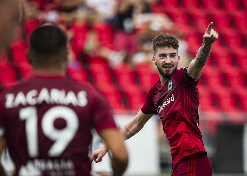 Staff photo by Troy Stolt / Chattanooga Red Wolves forward Greg Hurst celebrates after scoring a goal during Saturday's match against South Georgia Tormenta FC at CHI Memorial Stadium in East Ridge.