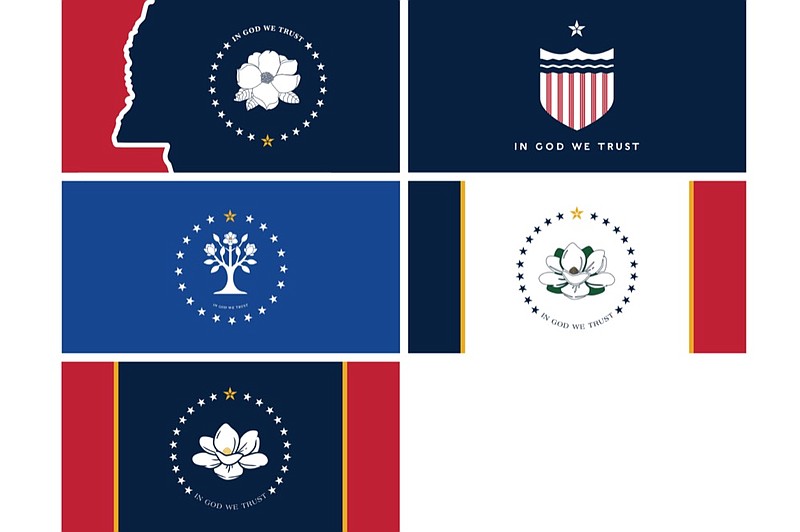 This combination of images provided by the Mississippi Department of Archives and History on Tuesday, Aug. 18, 2020, shows the five proposed designs chosen by the Mississippi State Flag Commission to replace the recently retired flag that included the Confederate battle emblem. The proposals will be made into flags and be flown Aug. 25 in Jackson, Miss. Voters will decide on a new flag in the Nov. 3 election. (Mississippi Department of Archives and History via AP)

