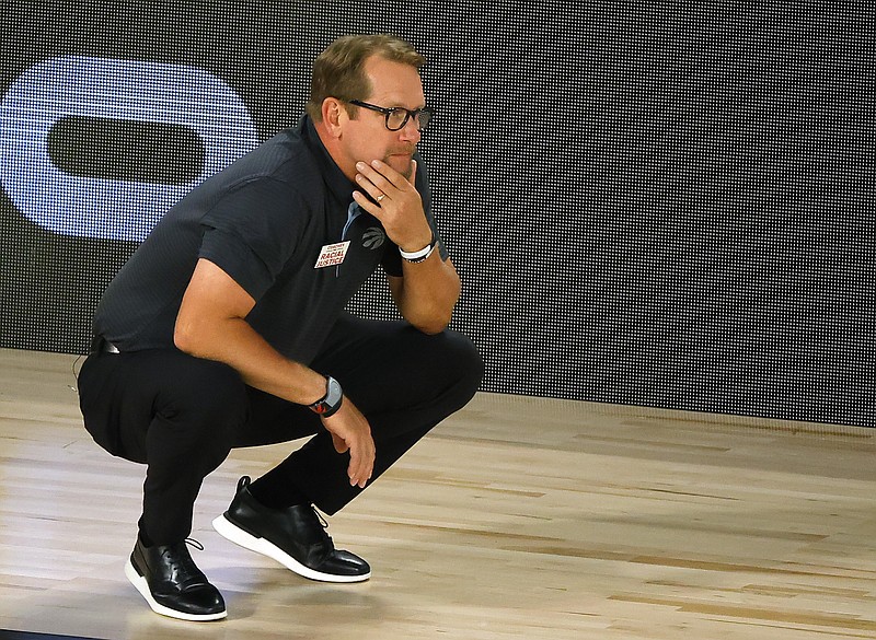 AP photo by Kevin C. Cox / Toronto Raptors coach Nick Nurse looks on during the third quarter of Game 2 of the team's first-round playoff series against the Brooklyn Nets on Wednesday in Lake Buena Vista, Fla.