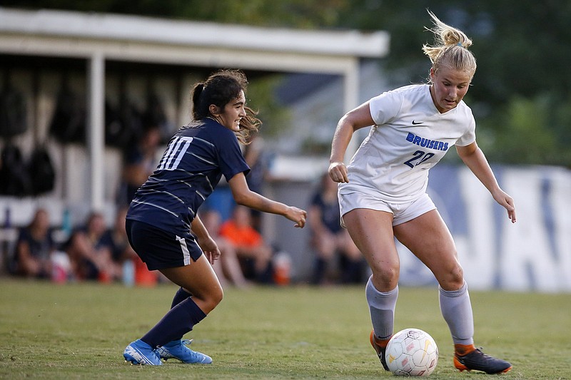 Staff file photo by C.B. Schmelter / GPS senior soccer player Ashley Grant, right, has seven goals and three assists in the Bruisers' 3-0 start this season.