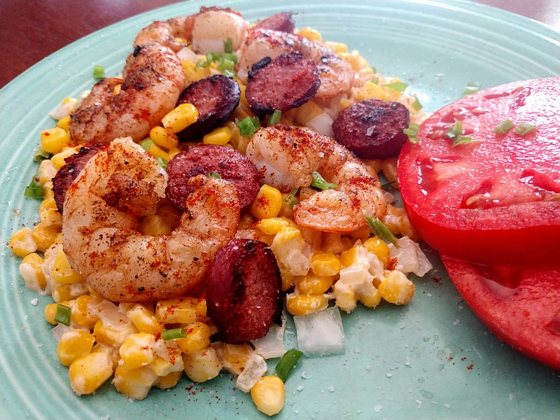 Photo by Anne Braly / Skillet Corn With Shrimp and Sausage is such an easy way to approximate the Cajun taste of a shrimp boil, you won't miss the boiled potatoes.