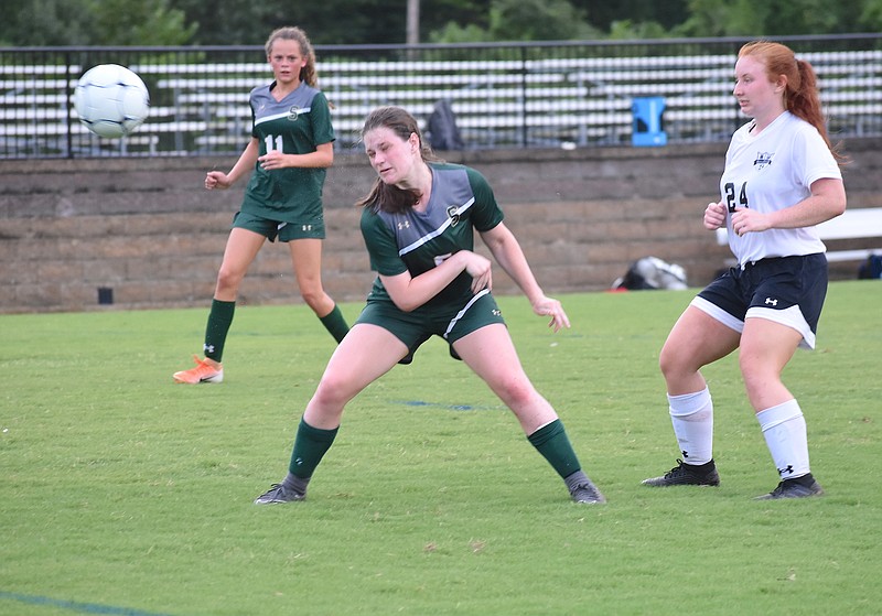 Staff photo by Patrick MacCoon / Silverdale Baptist Academy soccer player Gracie Renegar nearly scores off a header in the first half of Tuesday's game against Hixson.