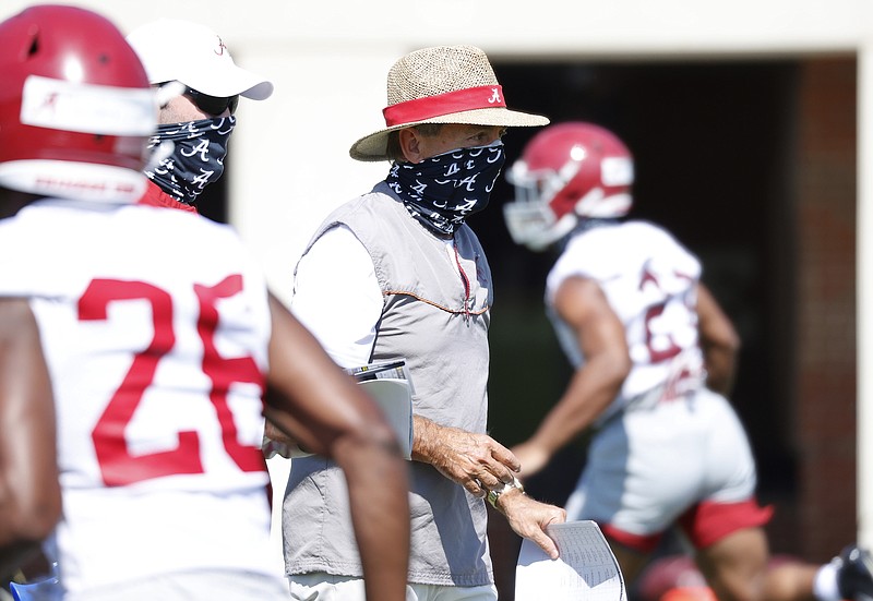 Alabama photo by Kent Gidley / Alabama 14th-year football coach Nick Saban has been wearing face coverings while heading up preseason practices in Tuscaloosa.