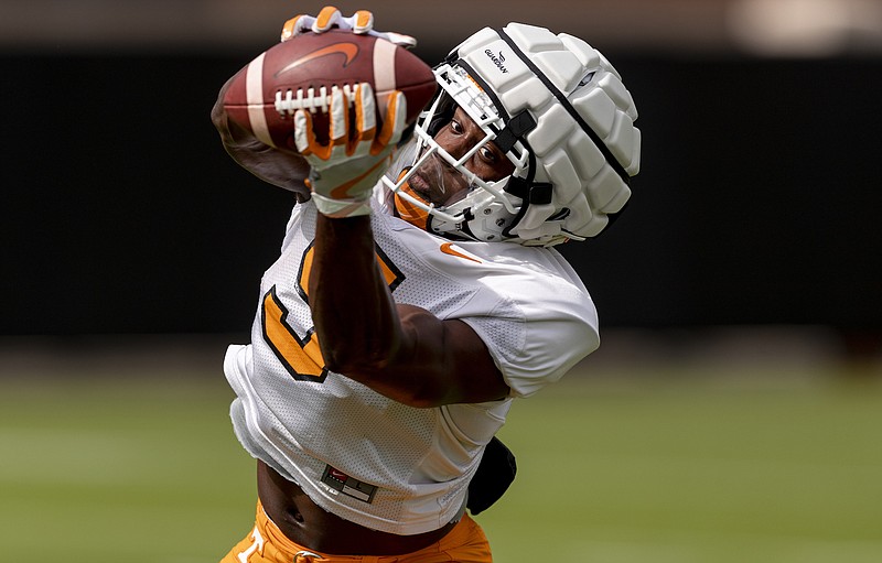 Tennessee Athletics photo by Andrew Ferguson / Tennessee senior receiver Josh Palmer stretches out for a catch during a recent practice at Haslam Field in Knoxville.