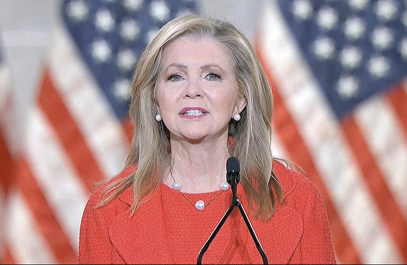 In this image from video, Sen. Marsha Blackburn, R-Tenn., speaks from Washington, during the third night of the Republican National Convention on Wednesday, Aug. 26, 2020. (Courtesy of the Committee on Arrangements for the 2020 Republican National Committee via AP)