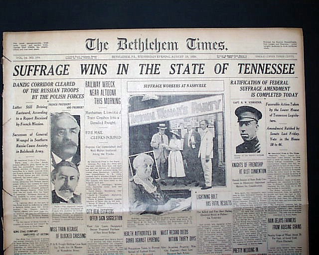 Contributed photo from the Tennessee State Library and Archives collection. / A newspaper headline announces Tennessee's vote approving the 19th Amendment.