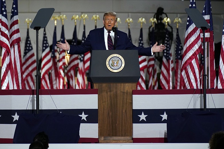 The Associated Press / President Donald Trump speaks from the South Lawn of the White House to accept the nomination of the Republican Party for re-election Thursday night.